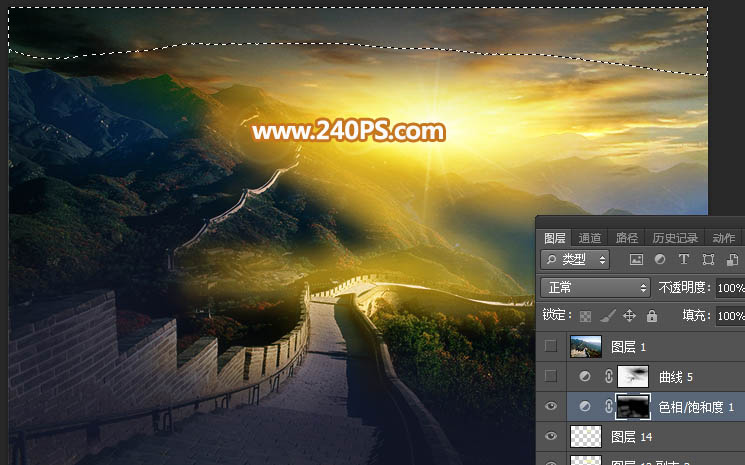 Photoshop給長城照片添加斜陽美景結(jié)果,圖趣網(wǎng)
